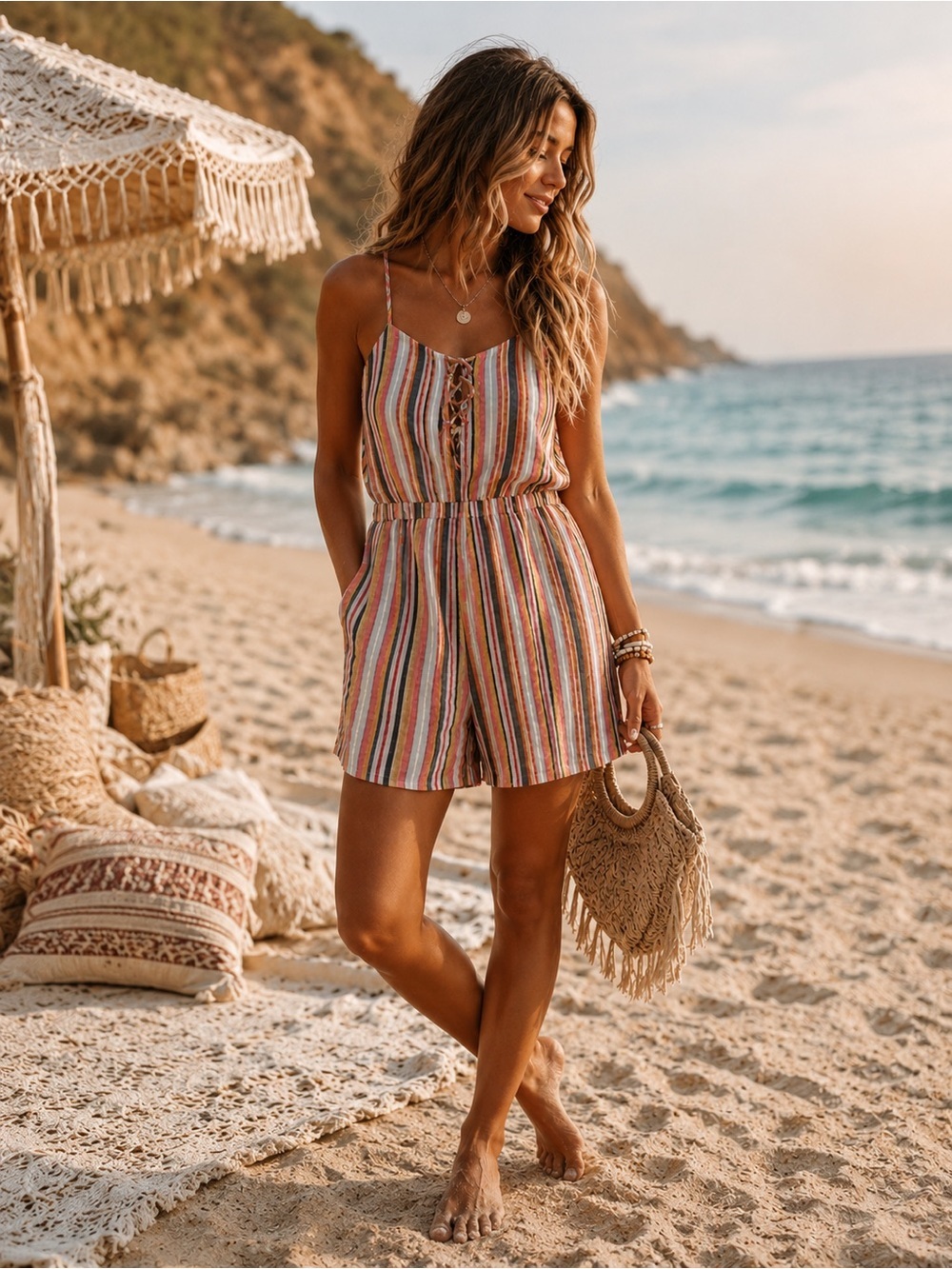 NWT | ROXY | Endless Love Stripe Cotton Seersucker Romper - Size L
